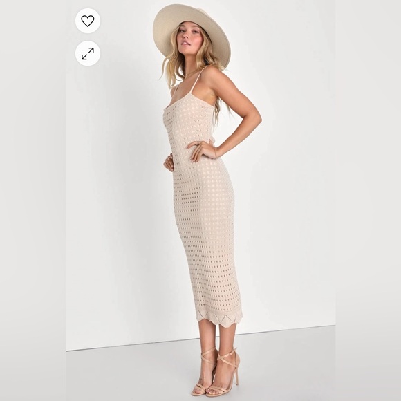 Lulus Neutral Crochet Open-Back Midi Dress – Size Small - Picture 2 of 6
